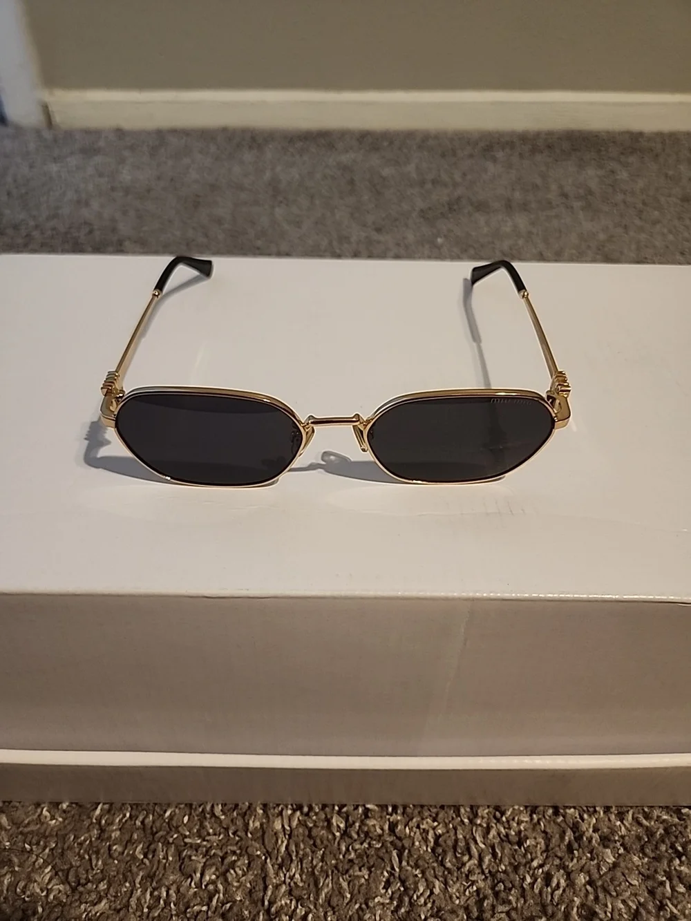 Rectangular Miu Miu Sunglasses With Golden Frame & Black Lens Made In Italy